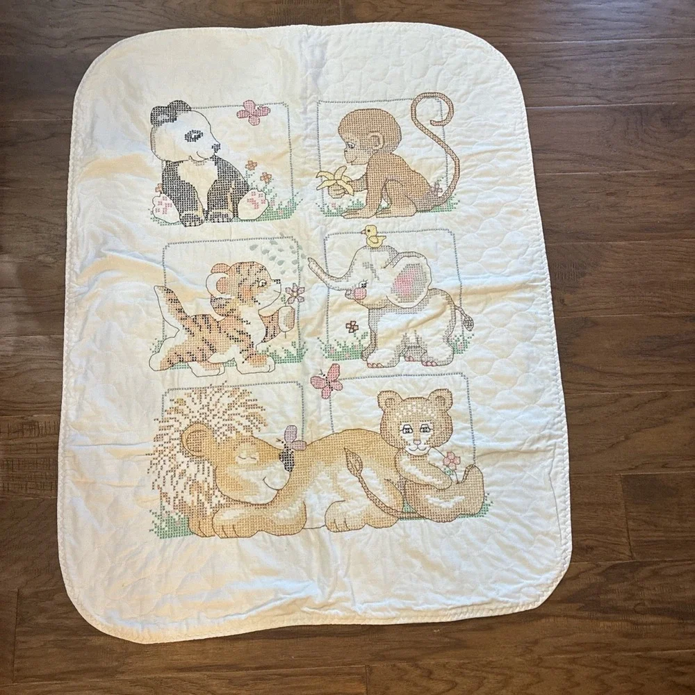 Cross Stitch Baby Quilt Baby Jungle Animals- Handmade 30.5